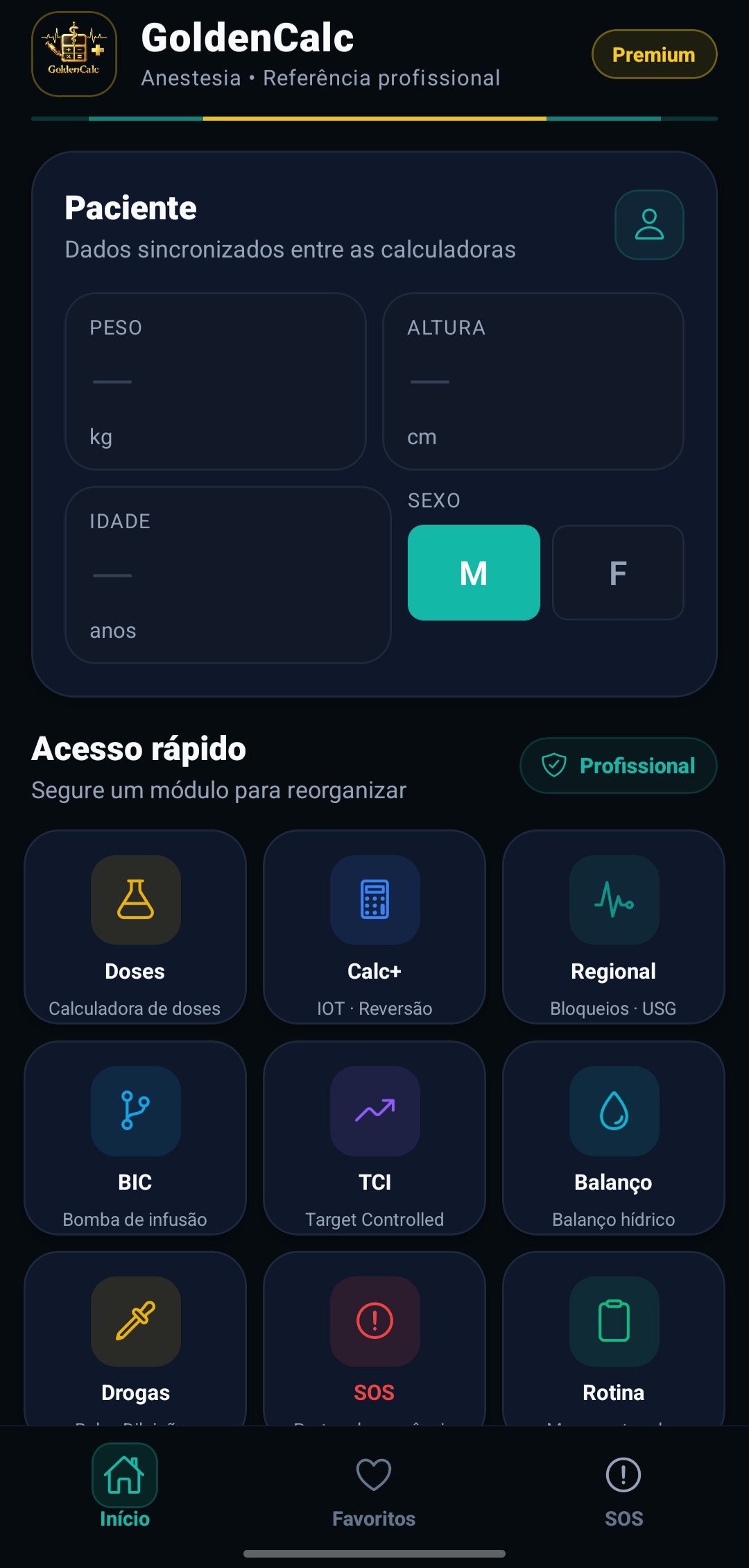 Tela inicial real do GoldenCalc mostrando dados do paciente e módulos de acesso rápido